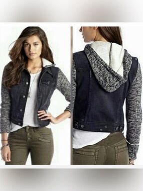Free People Hooded Denim Jacket Knit Sleeve Sherpa Hood Boho Layering Jacket S